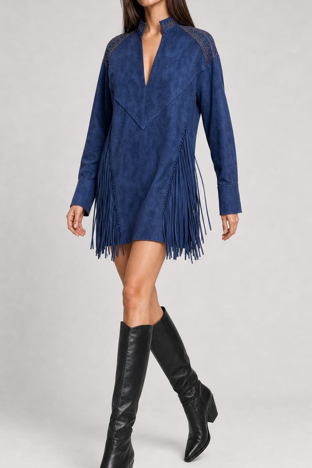 Suede Short Dress with Fringe and Puff Sleeves - 3