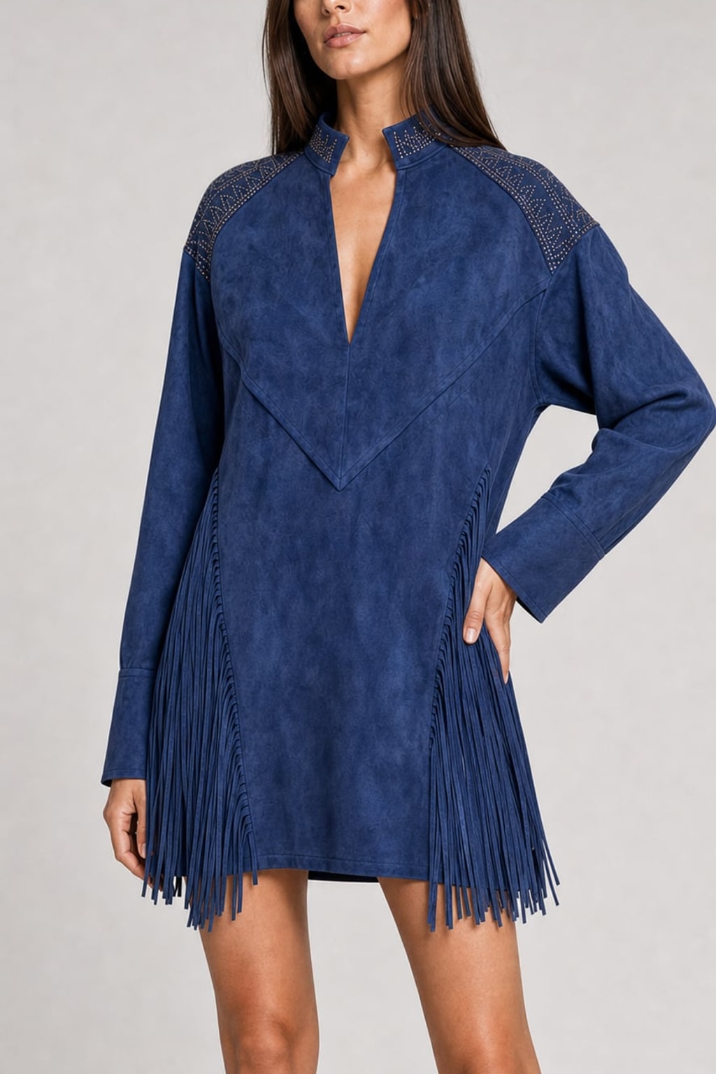 Suede Short Dress with Fringe and Puff Sleeves - 4
