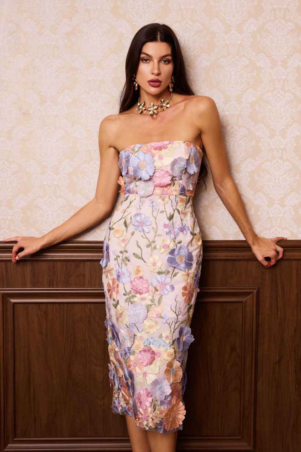 Midi Dress with Strapless Floral Embroidery - 5