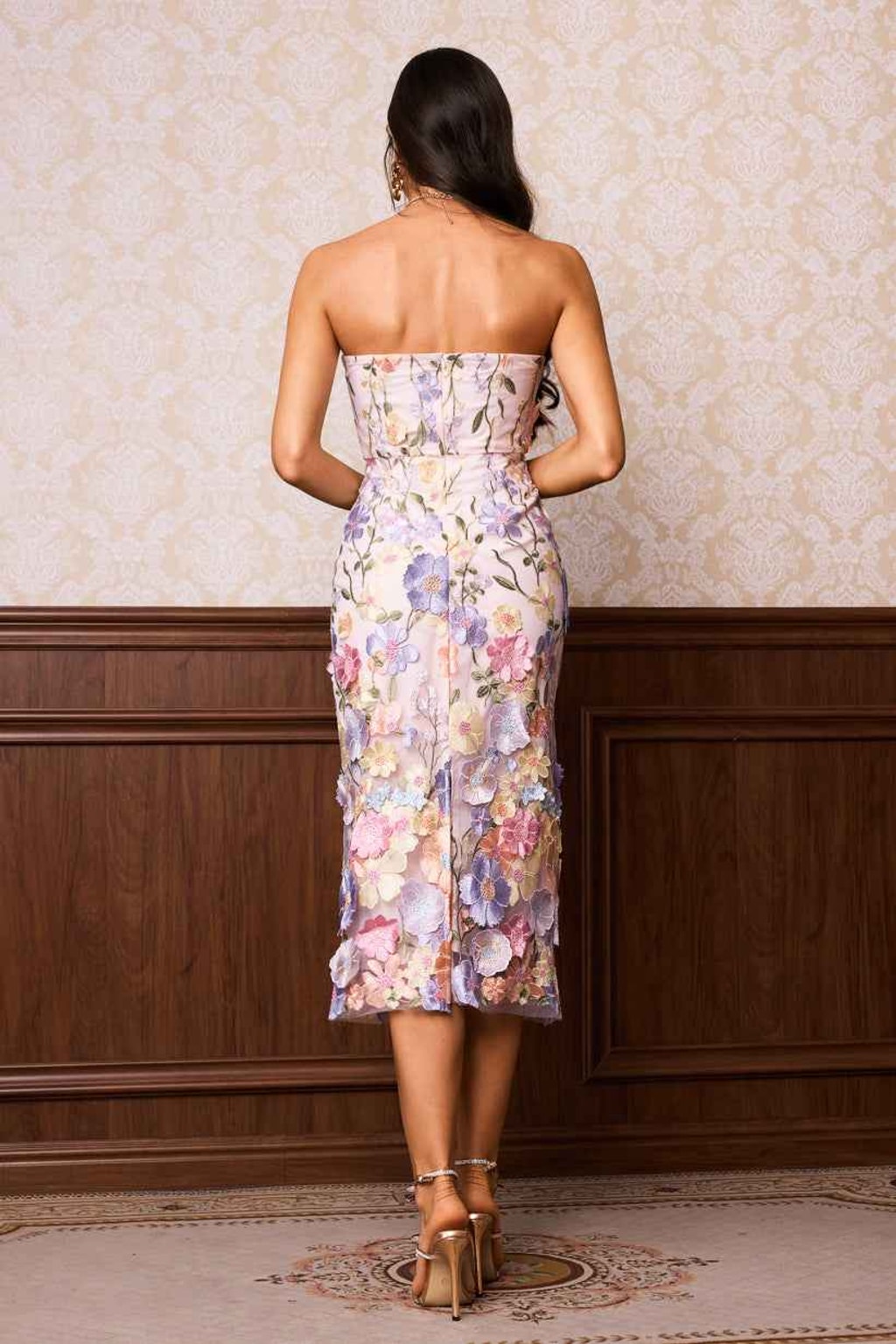 Midi Dress with Strapless Floral Embroidery - 3