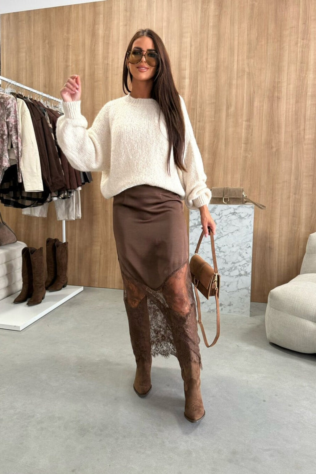 Satin Midi Skirt With Asymmetric Lace - 6