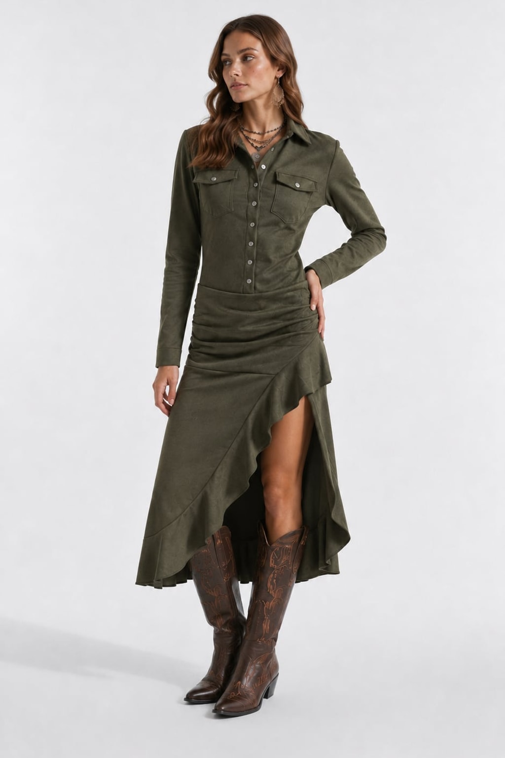 Suede Long Asymmetric Skirt Dress With Long Sleeve Shirt - 6