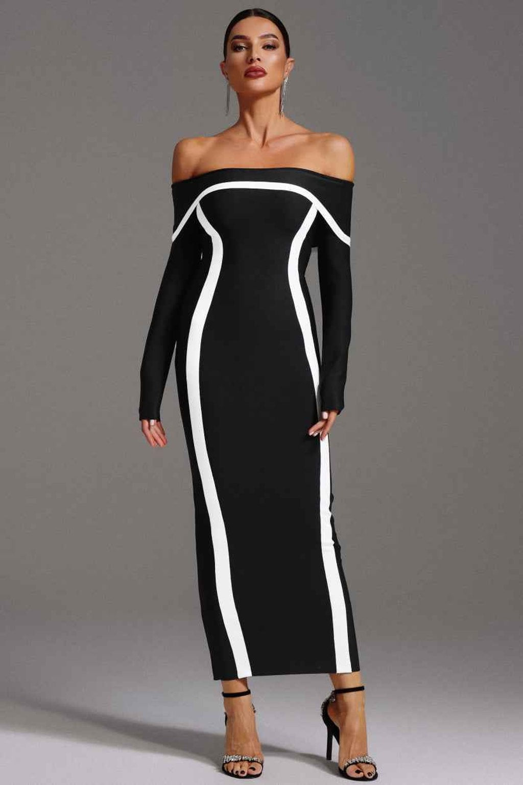Bandage Long Dress with Off-Shoulder Cut and Contrast Panels - 2