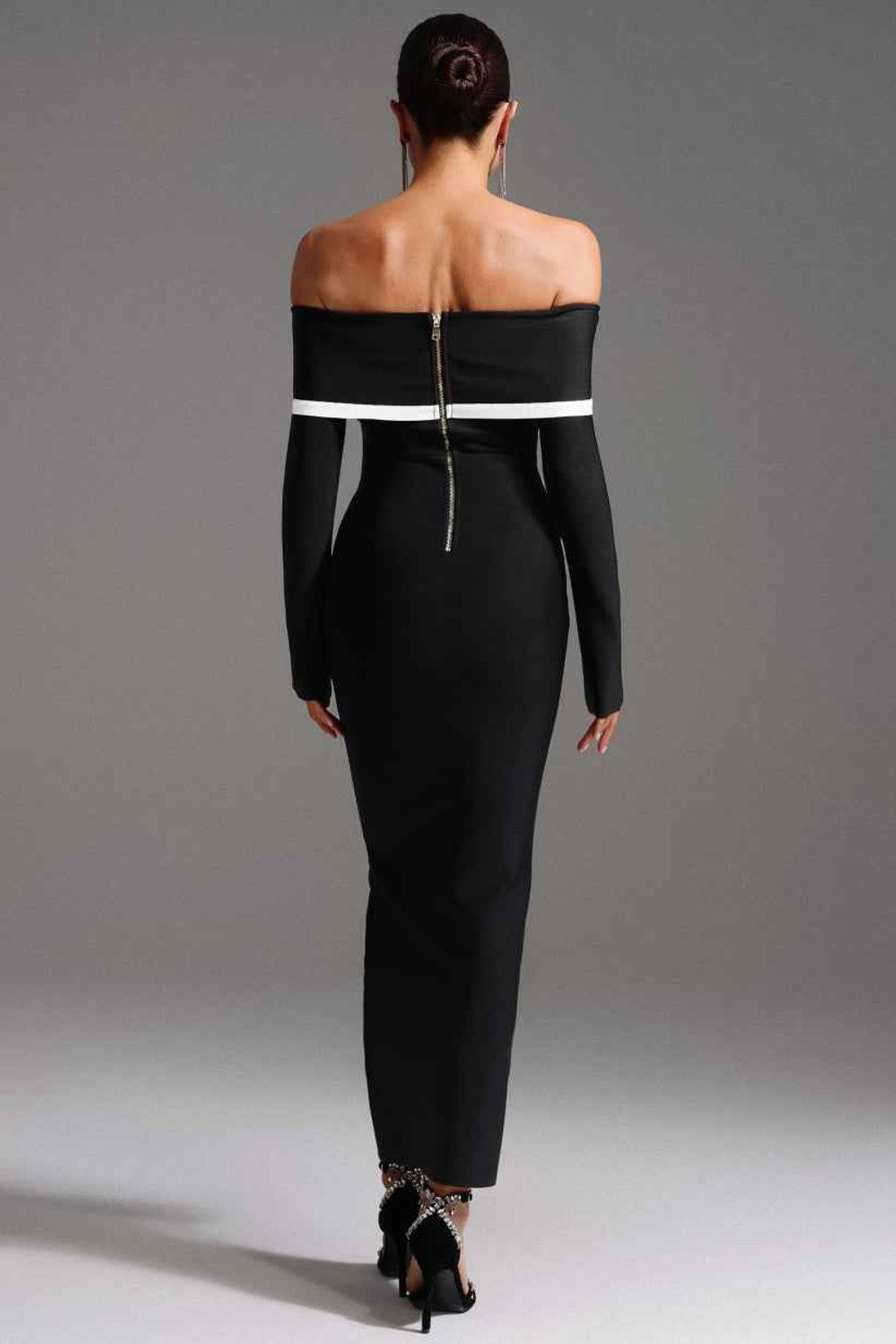 Bandage Long Dress with Off-Shoulder Cut and Contrast Panels - 3