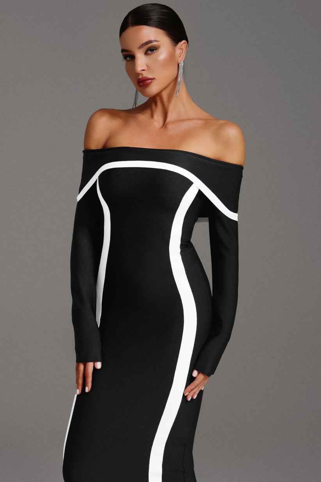 Bandage Long Dress with Off-Shoulder Cut and Contrast Panels - 4
