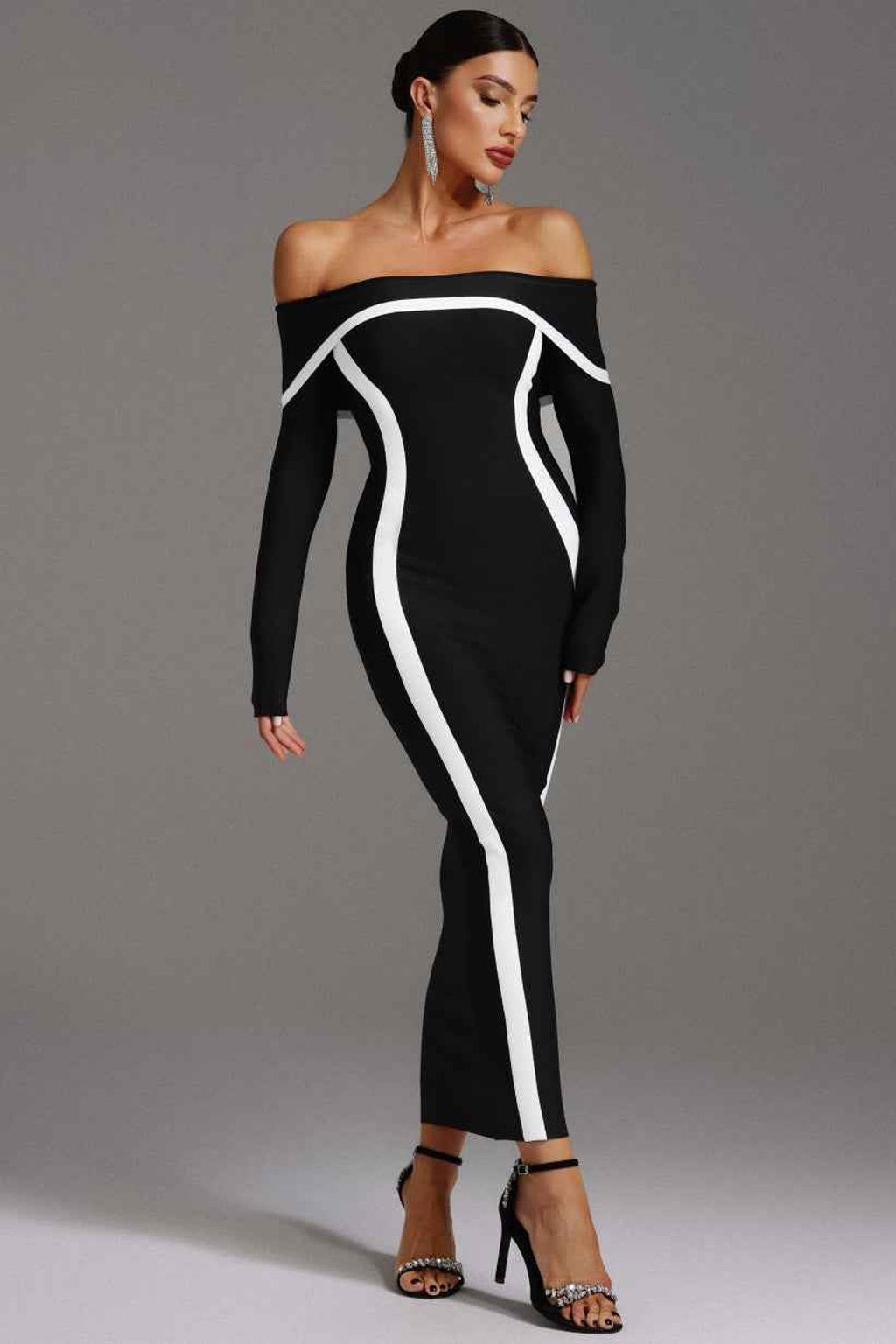 Bandage Long Dress with Off-Shoulder Cut and Contrast Panels - 5