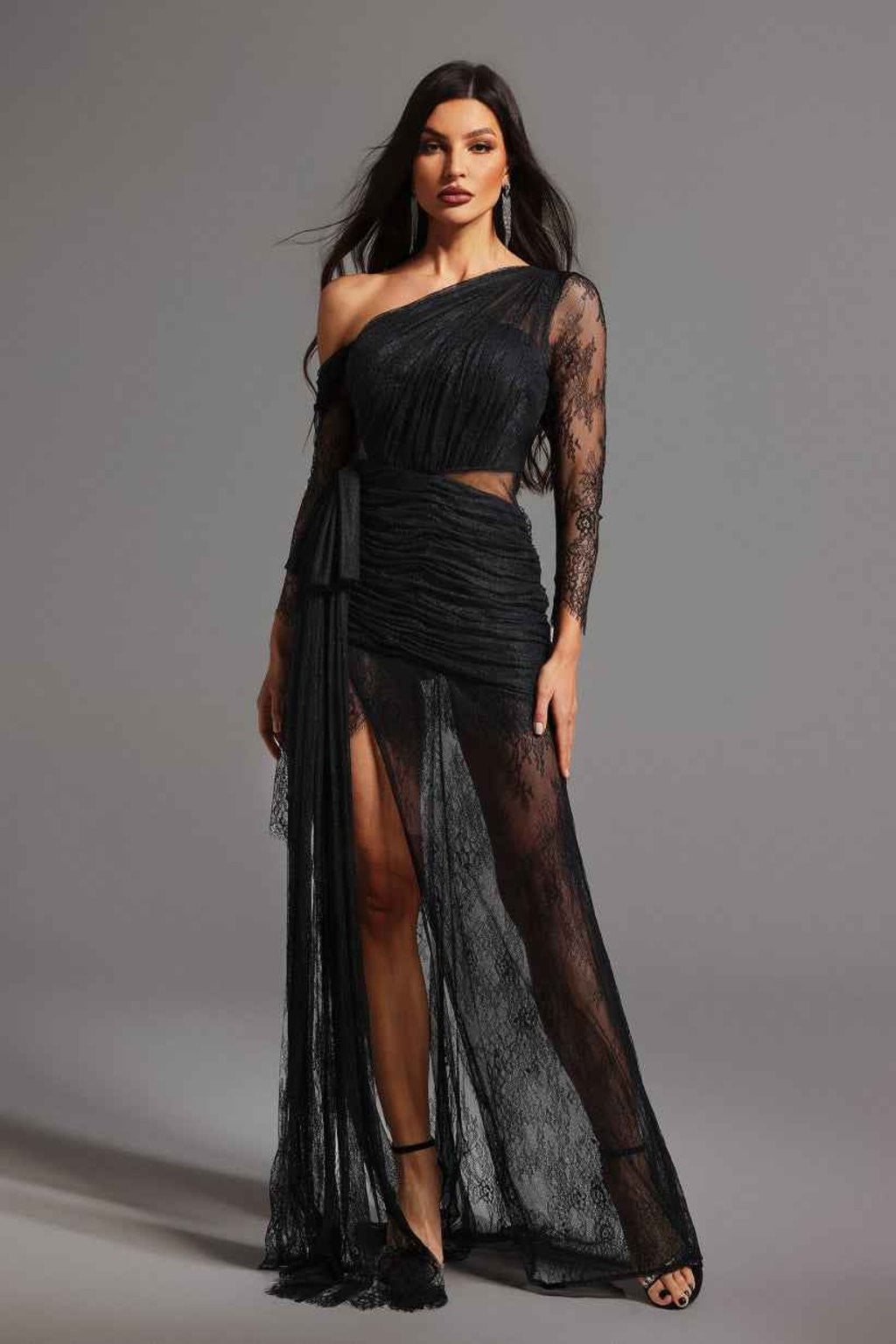Long Evening Dress with Asymmetrical One-Shoulder - 4