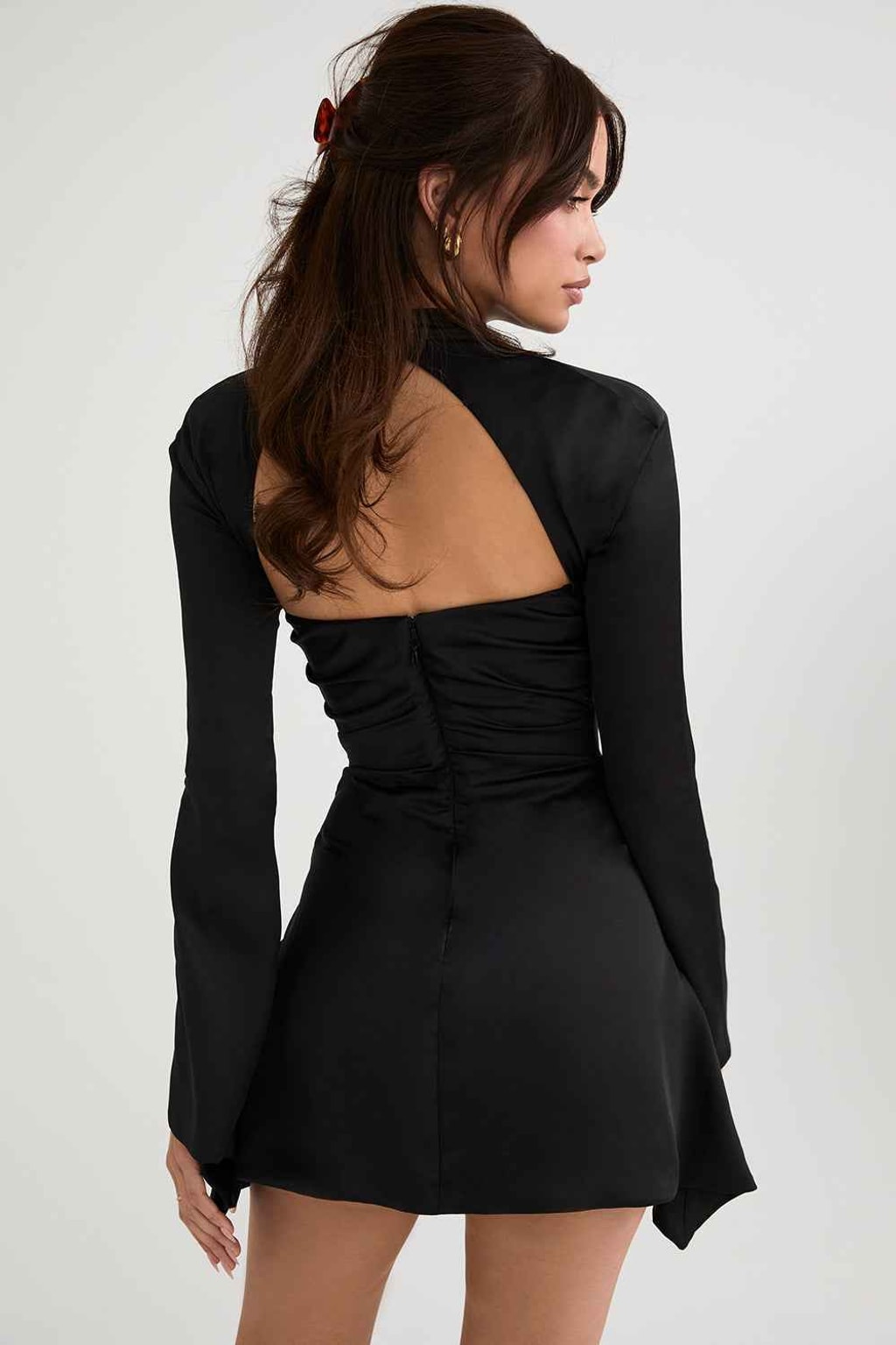 Satin Short Dress with Long Sleeves & Front Cutout - 6