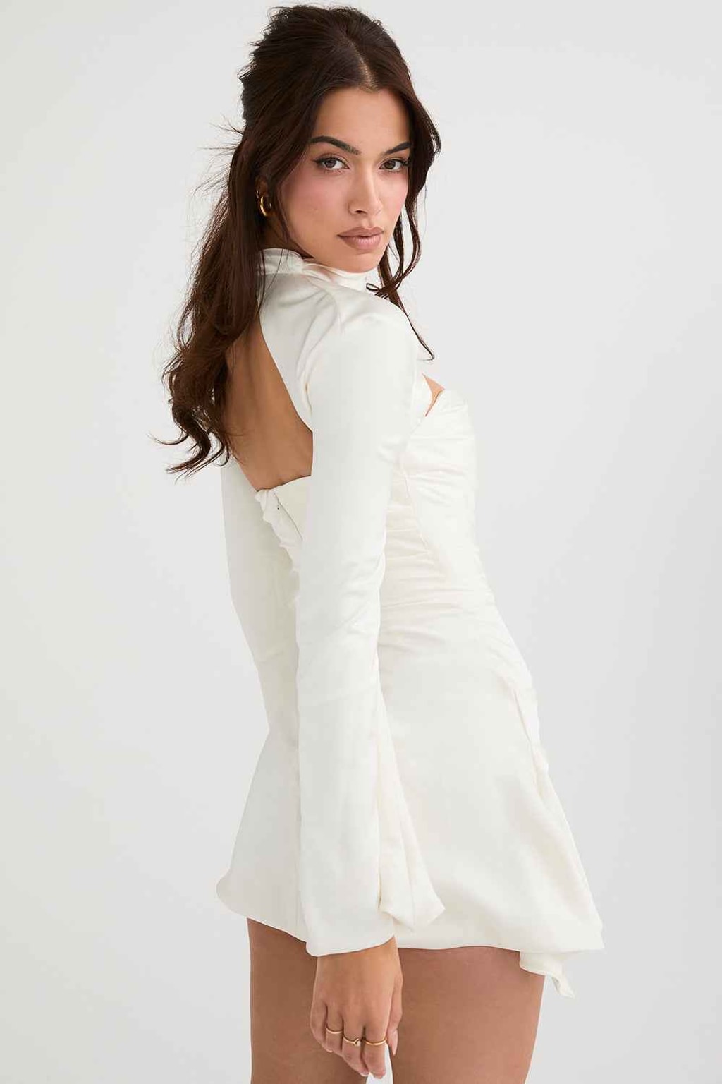 Satin Short Dress with Long Sleeves & Front Cutout - 8