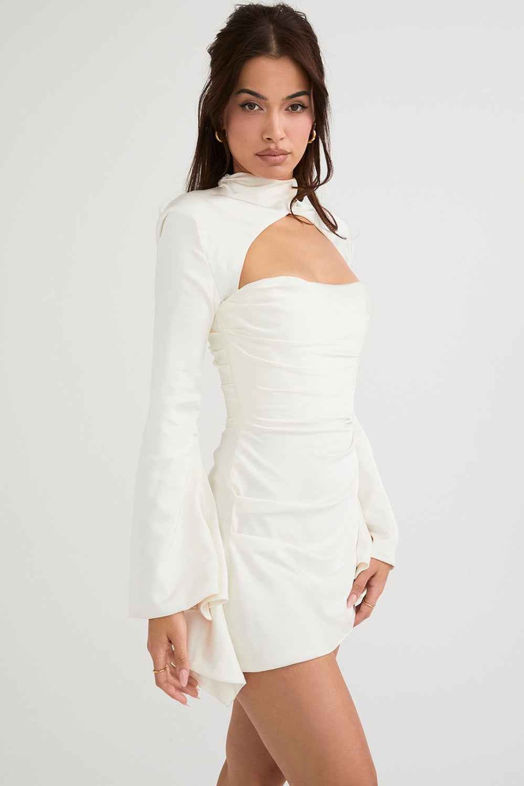 Satin Short Dress with Long Sleeves & Front Cutout - 9
