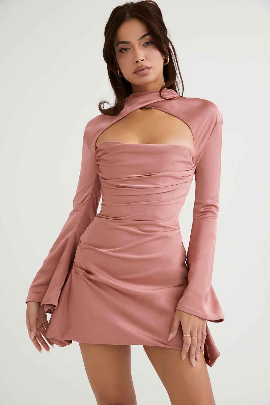 Satin Short Dress with Long Sleeves & Front Cutout - 12