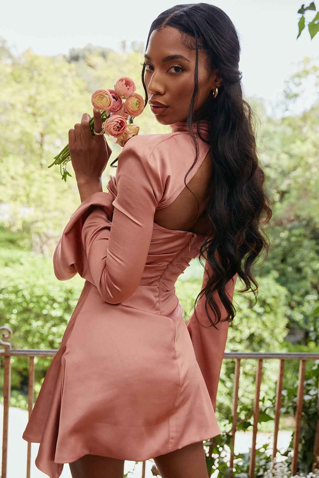 Satin Short Dress with Long Sleeves & Front Cutout - 11