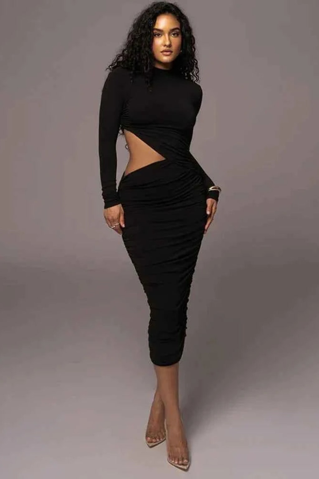 Viscose Midi Dress with Draped Silhouette and High Neck - 4