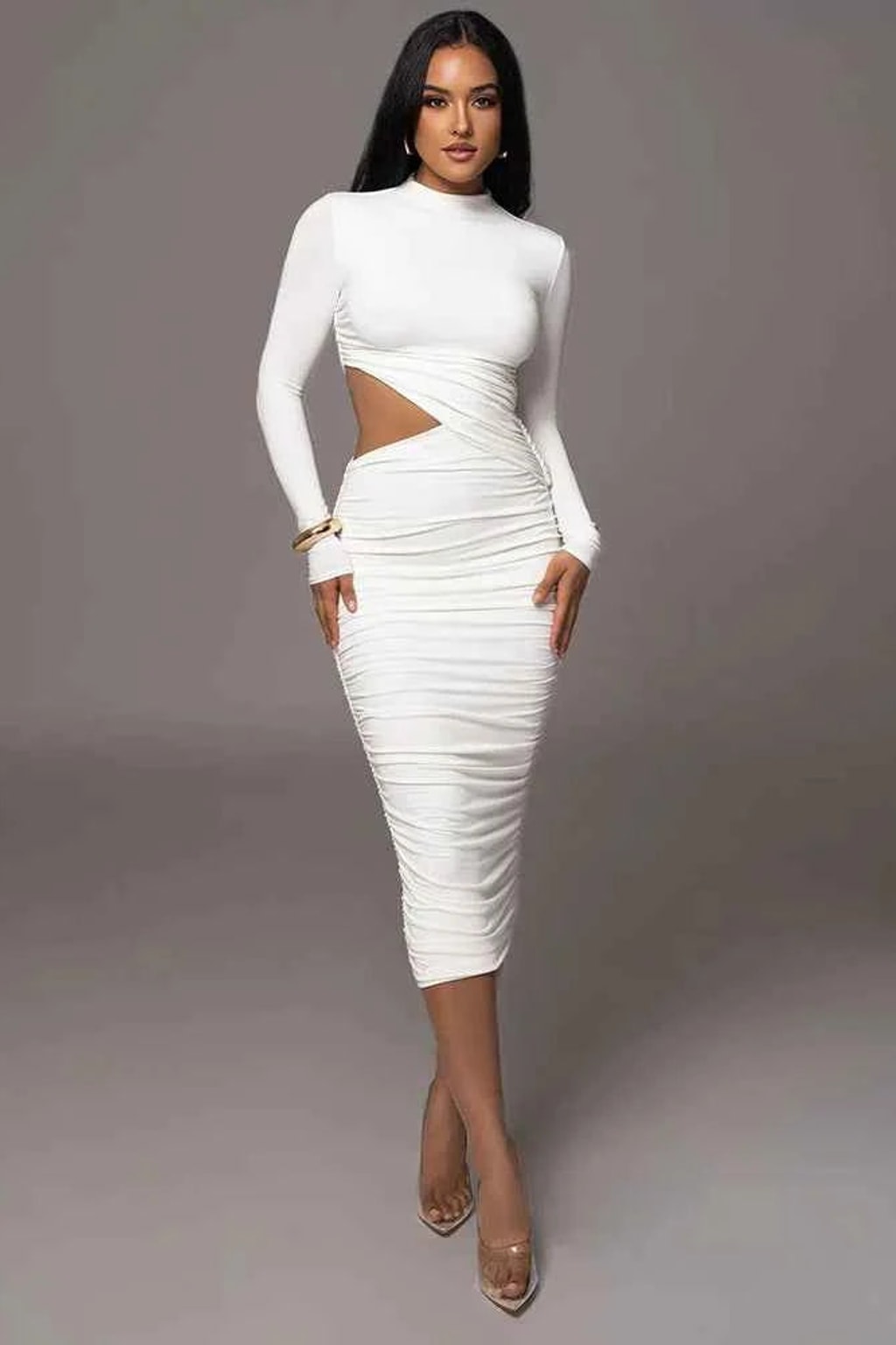 Viscose Midi Dress with Draped Silhouette and High Neck - 5