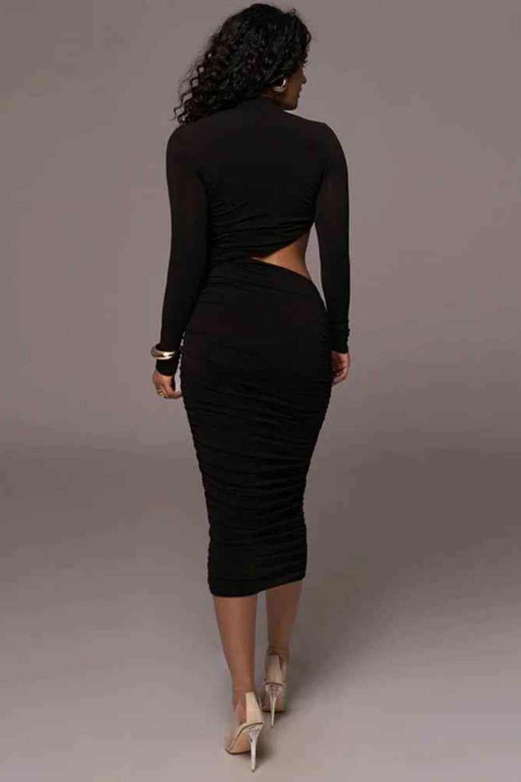 Viscose Midi Dress with Draped Silhouette and High Neck - 6