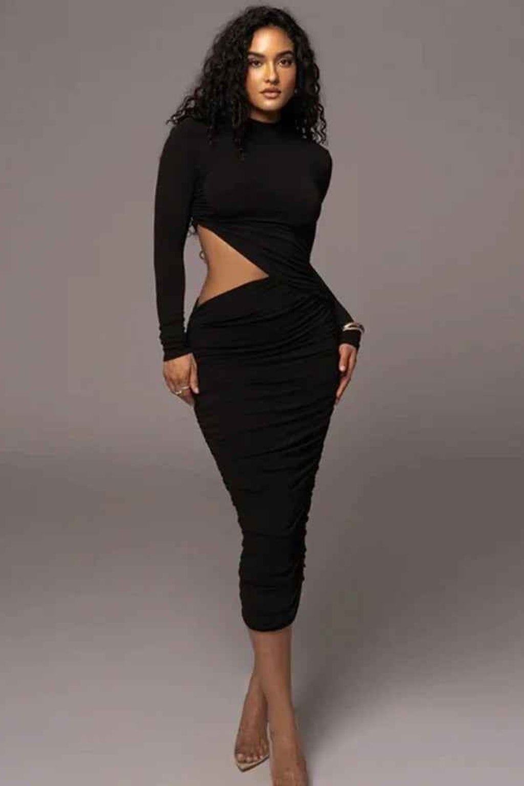 Viscose Midi Dress with Draped Silhouette and High Neck - 7