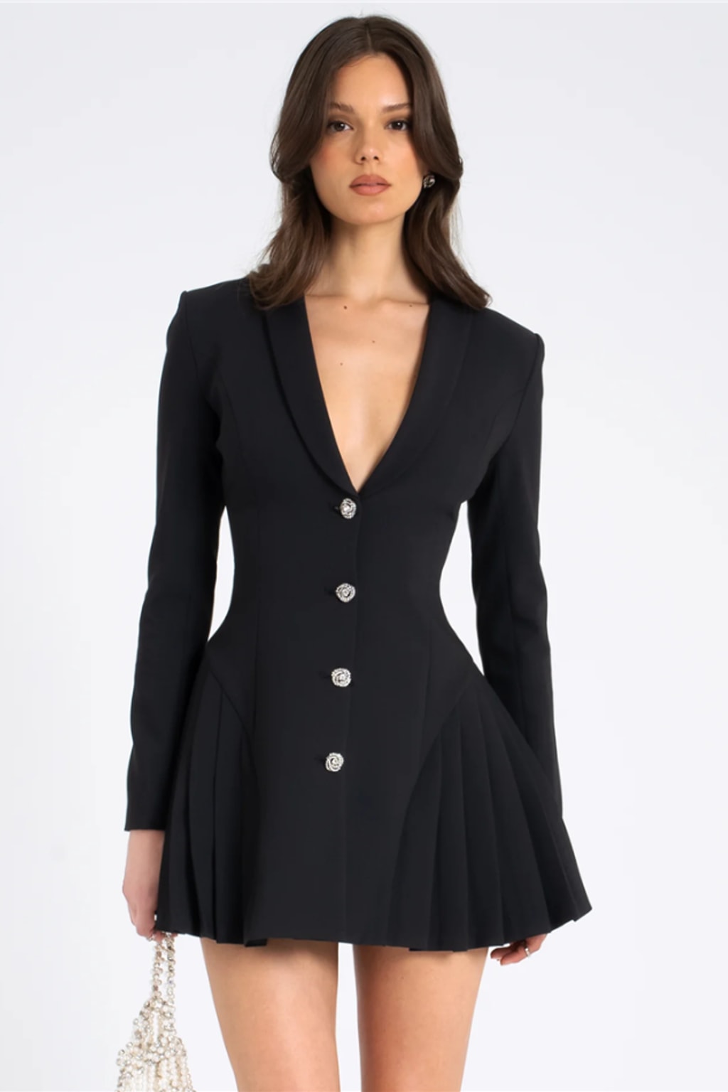 Blazer Dress With Pleated Skirt And Crystal Buttons - 3
