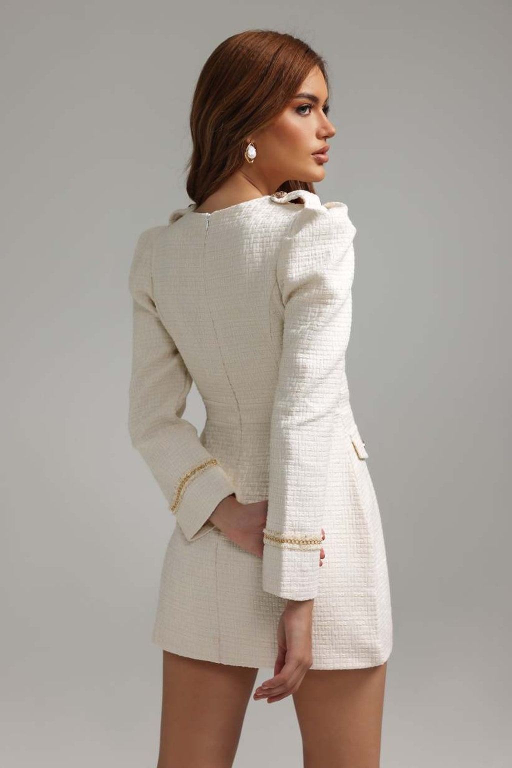 Tailored Tweed Mini Dress with Long Sleeves - 4