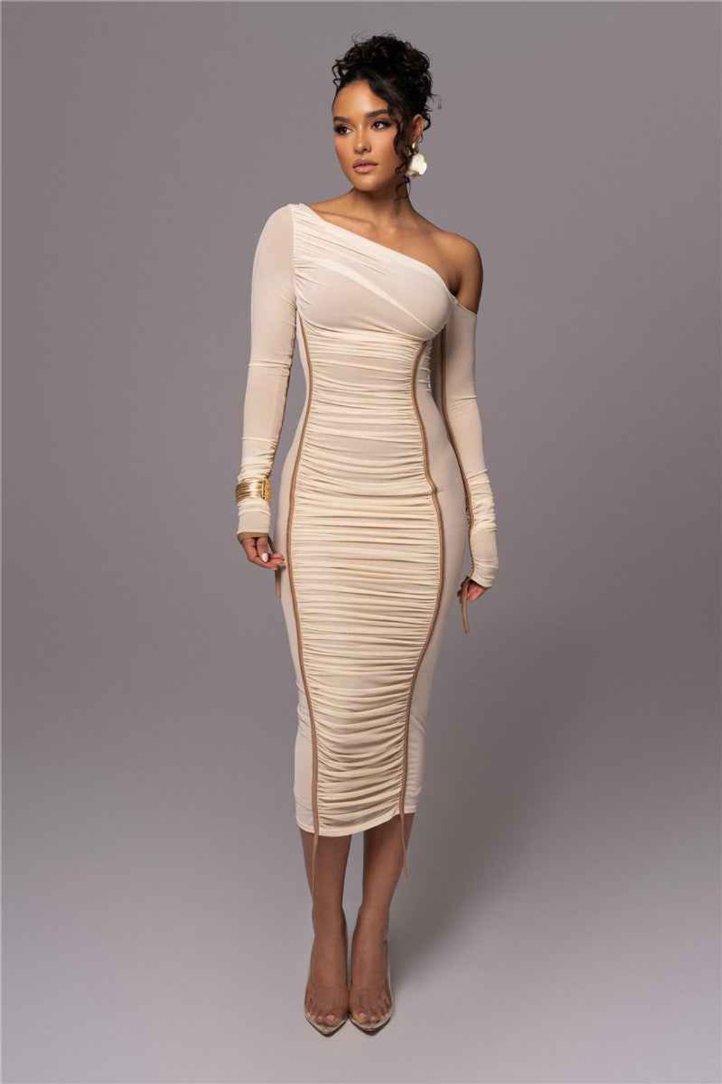 Polyester Midi Dress with One-Shoulder Long Sleeve - 2