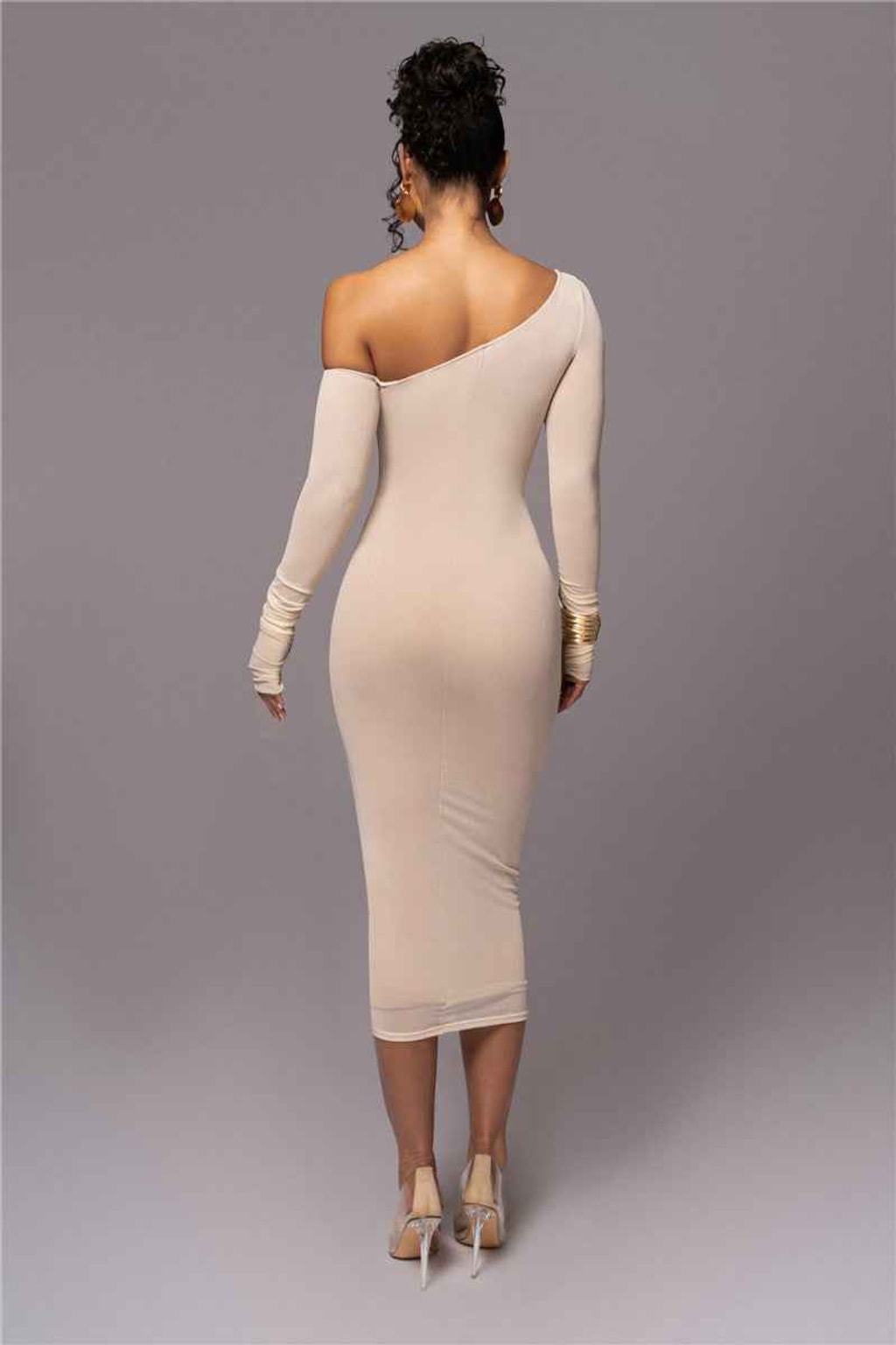 Polyester Midi Dress with One-Shoulder Long Sleeve - 3
