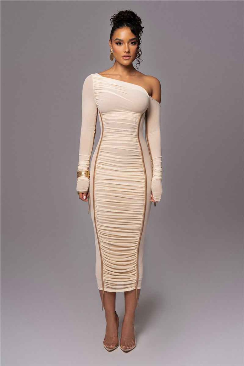 Polyester Midi Dress with One-Shoulder Long Sleeve - 5