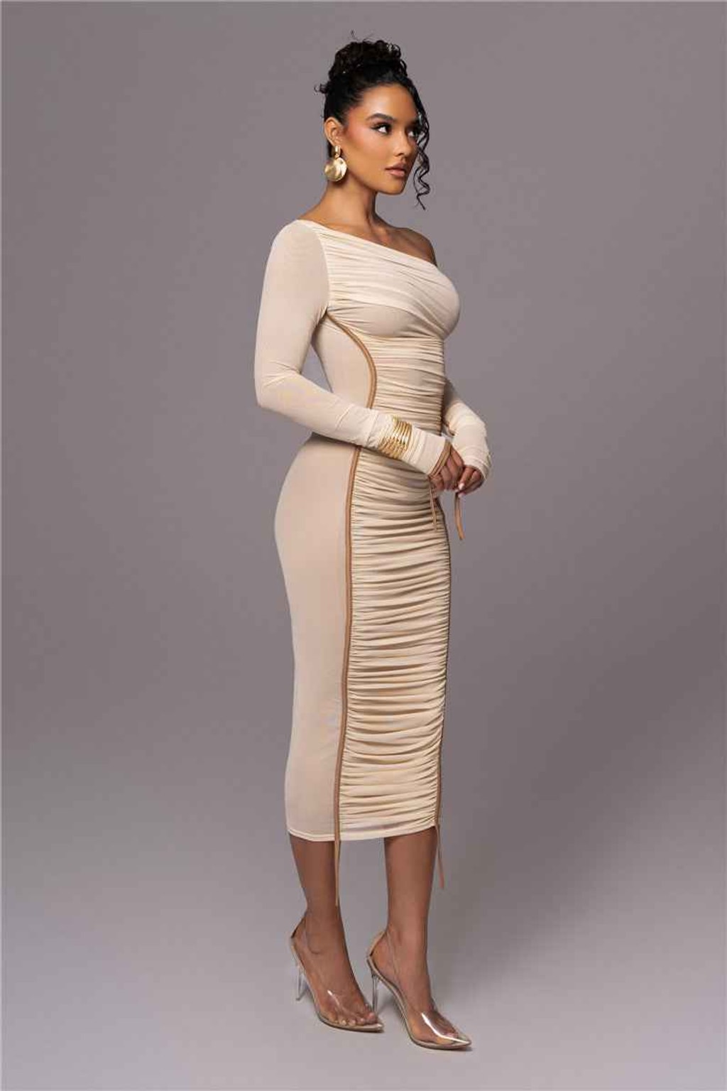 Polyester Midi Dress with One-Shoulder Long Sleeve - 4
