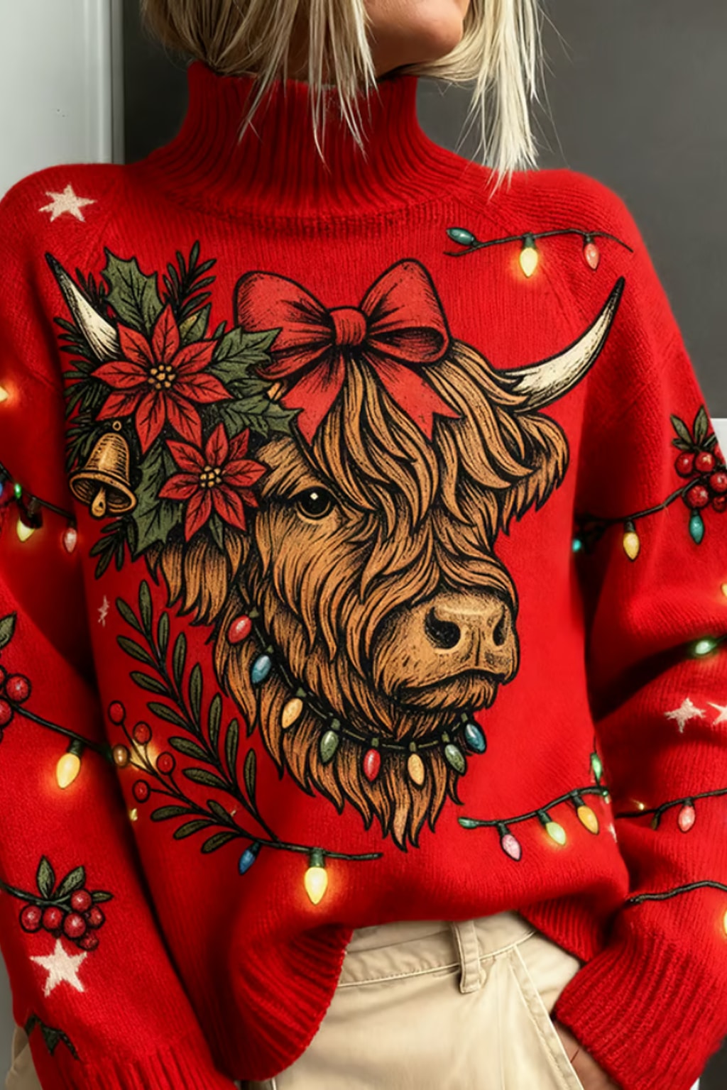 Red Knit Turtleneck Sweater With Festive Cow Graphic - 2