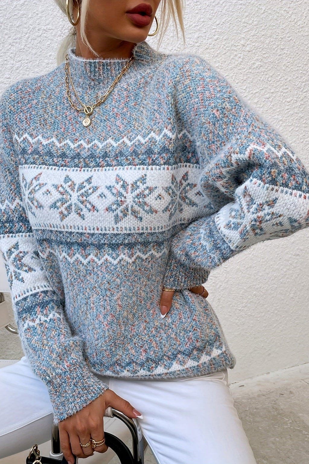 Knit Mock-Neck Sweater With Snowflake Pattern - 4