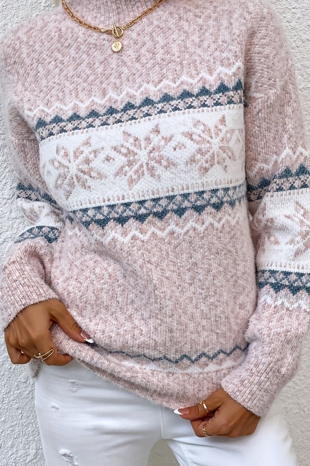 Knit Mock-Neck Sweater With Snowflake Pattern - 5