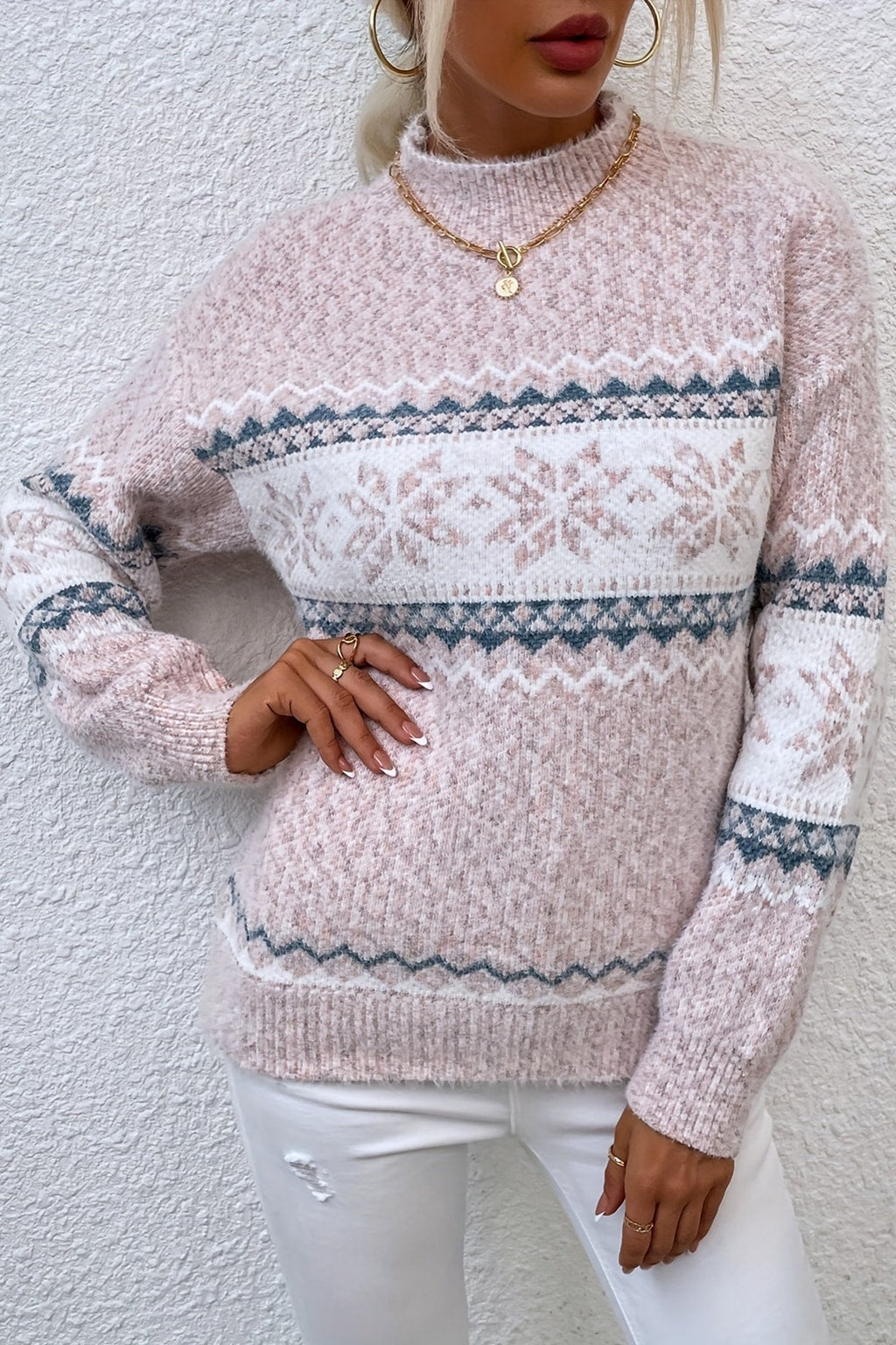 Knit Mock-Neck Sweater With Snowflake Pattern - 6