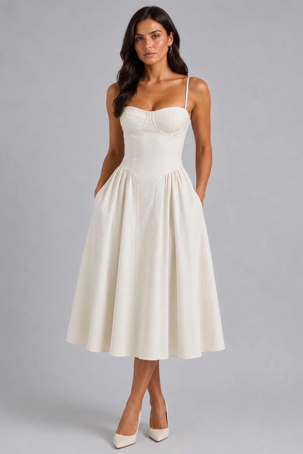 Woven Corset Midi Dress With Sweetheart Neckline - 8