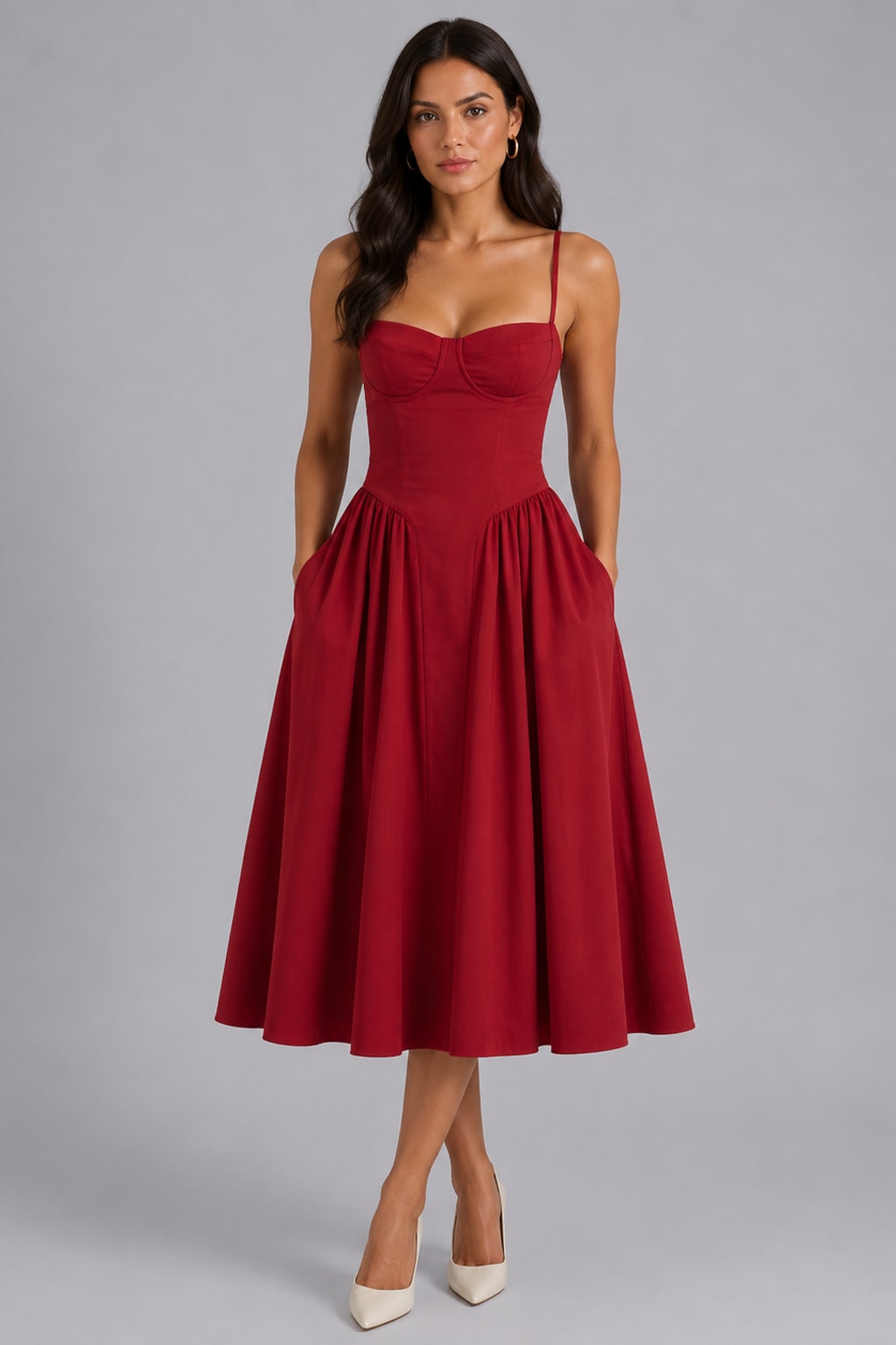 Woven Corset Midi Dress With Sweetheart Neckline - 10