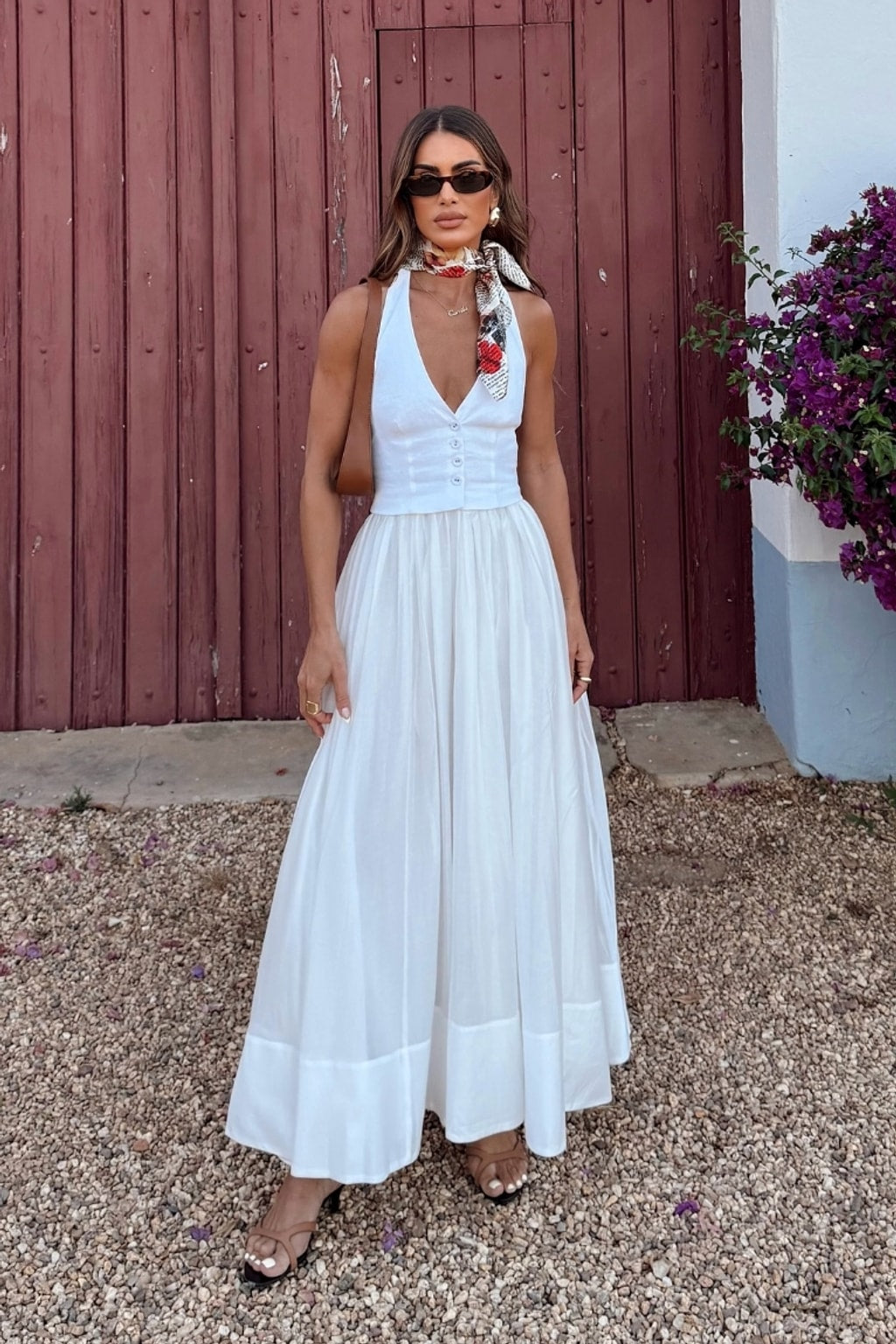 White Pleated V-Neck Maxi Dress - 3