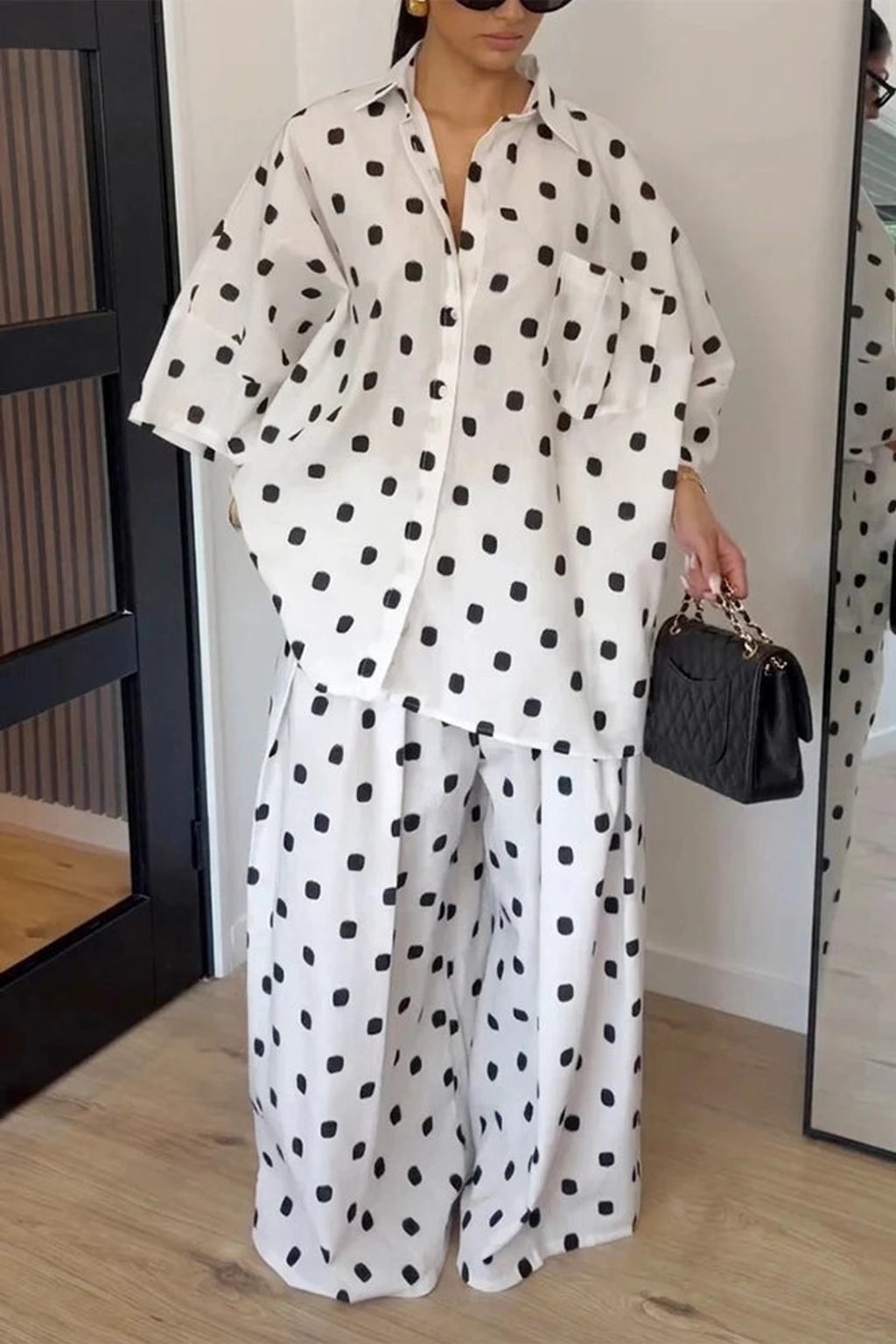 Lightweight Polka Dot Pants Set with Oversized Shirt - 2