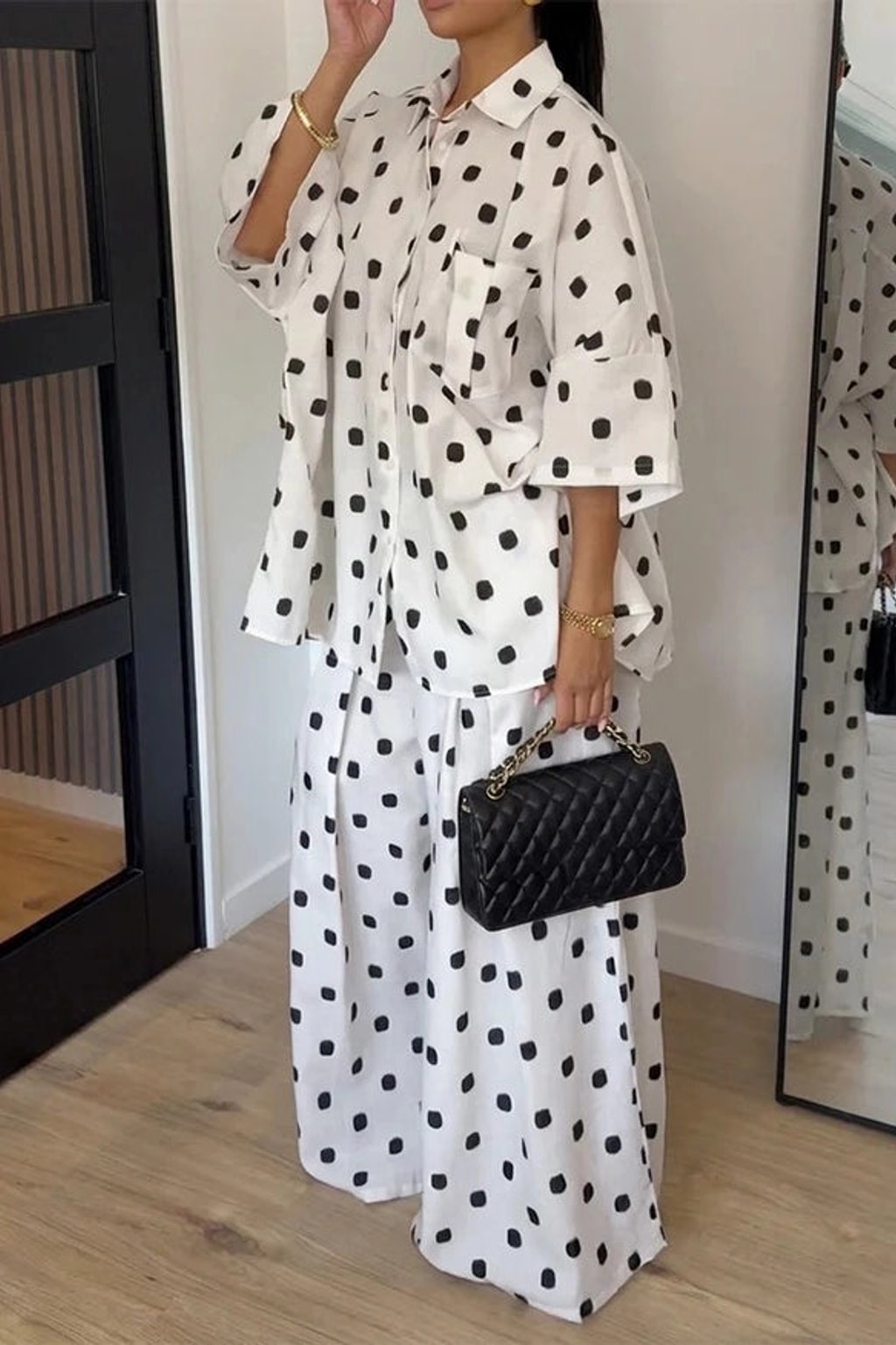 Lightweight Polka Dot Pants Set with Oversized Shirt - 3