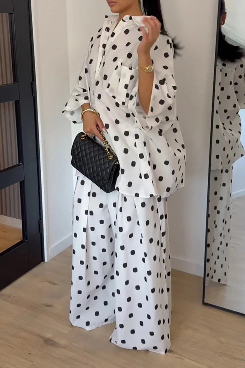 Lightweight Polka Dot Pants Set with Oversized Shirt - 5