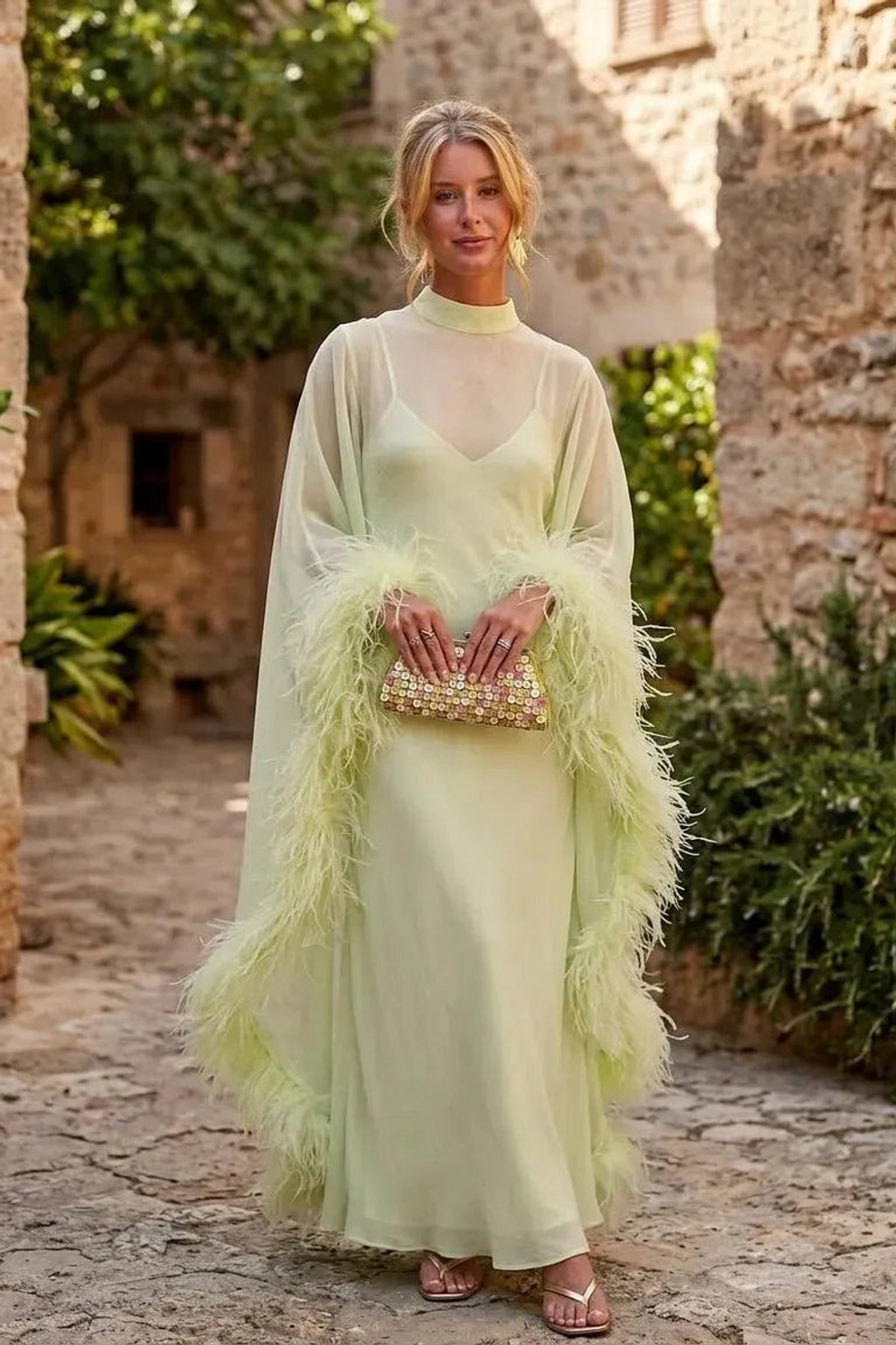 Luminous Lime Green Feather Cape Maxi Dress - 2