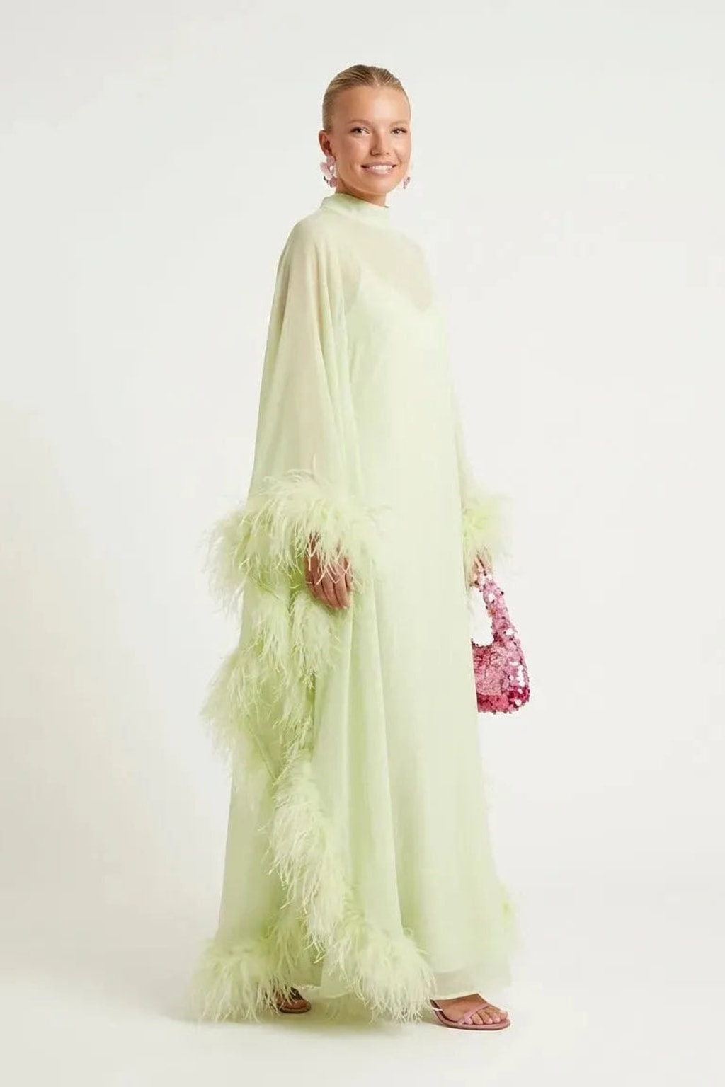 Luminous Lime Green Feather Cape Maxi Dress - 6