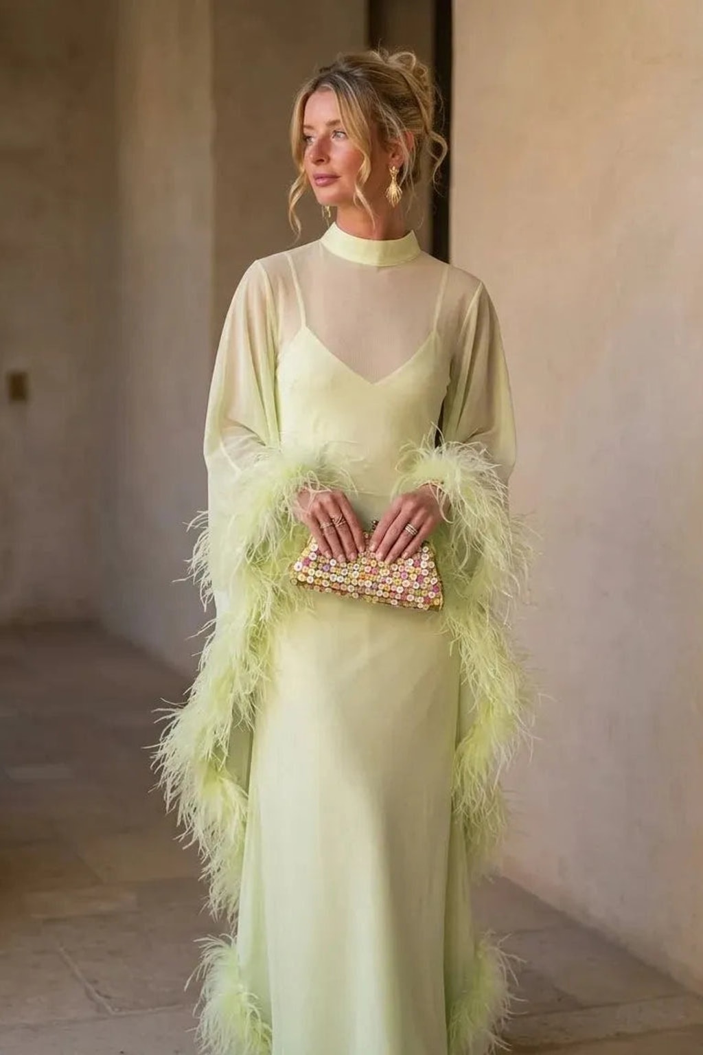 Luminous Lime Green Feather Cape Maxi Dress - 3