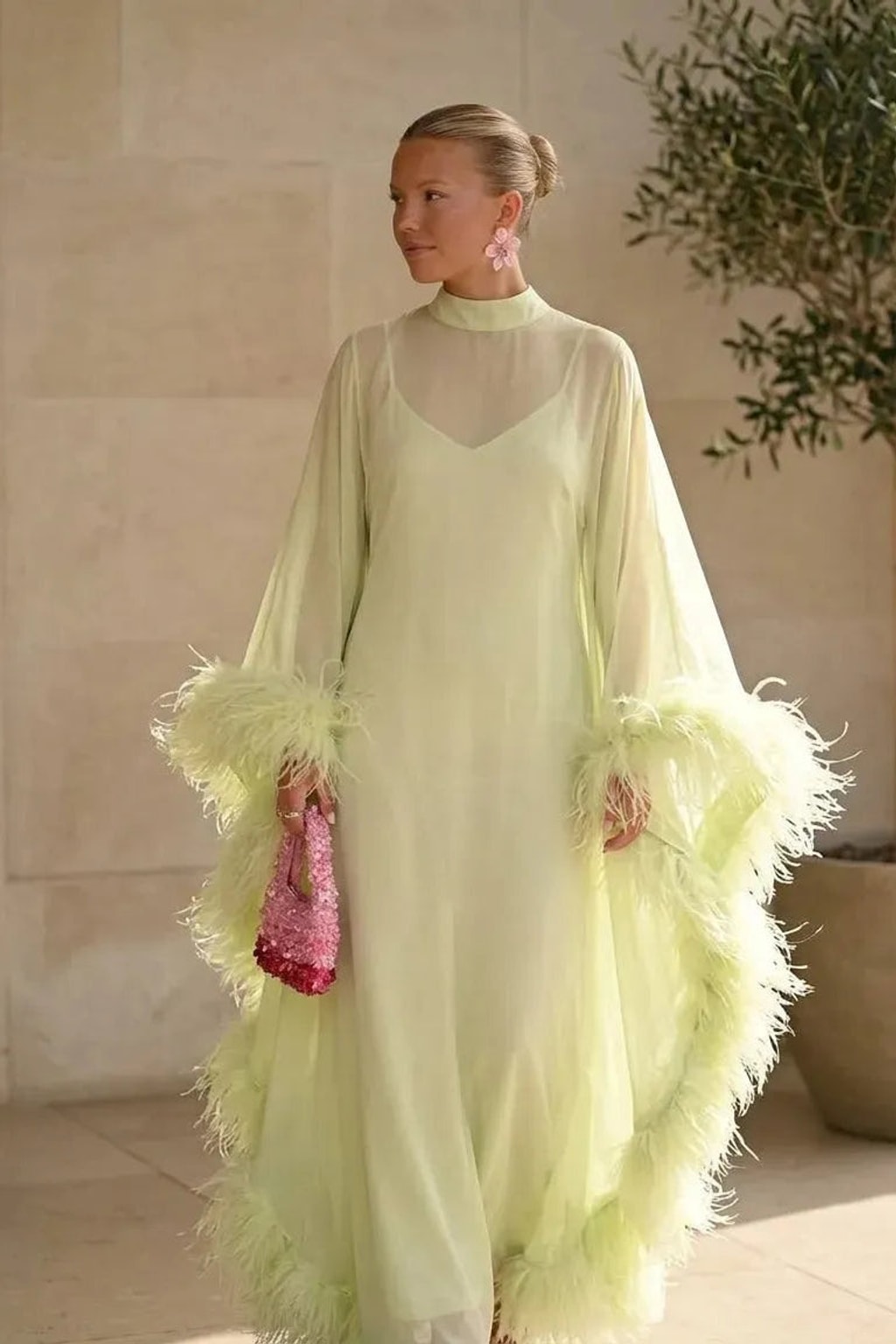 Luminous Lime Green Feather Cape Maxi Dress - 4