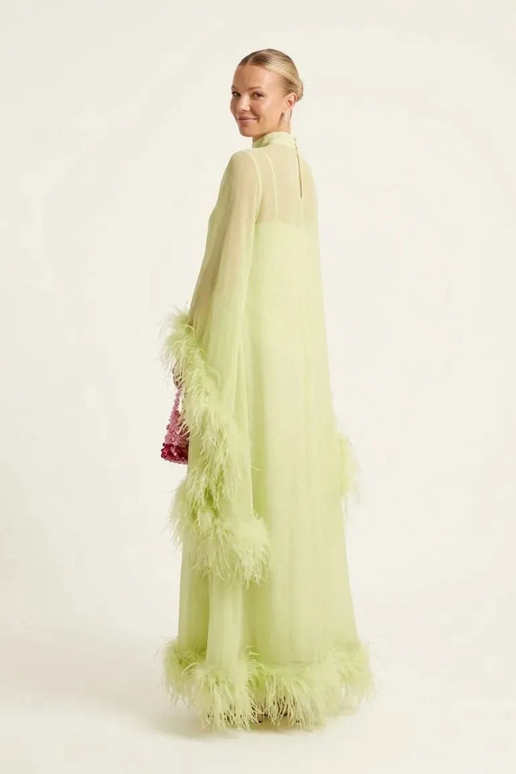 Luminous Lime Green Feather Cape Maxi Dress - 5