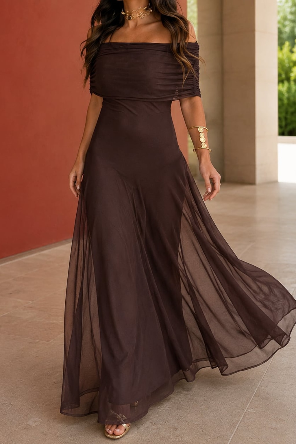 Mesh Maxi Dress With Draped Skirt - 2