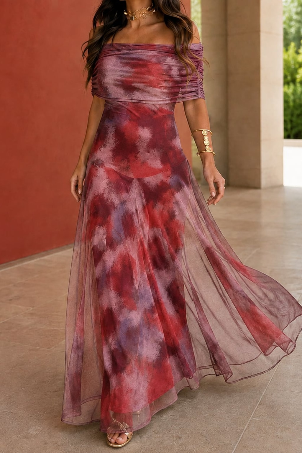 Mesh Maxi Dress With Draped Skirt - 5