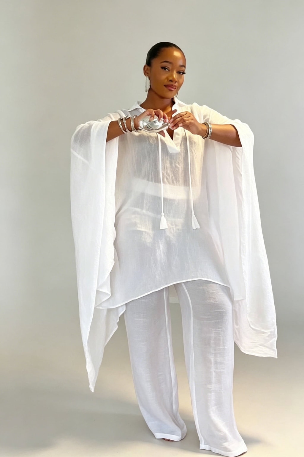 White Oversized Tunic & Wide-Leg Pants Set - 4