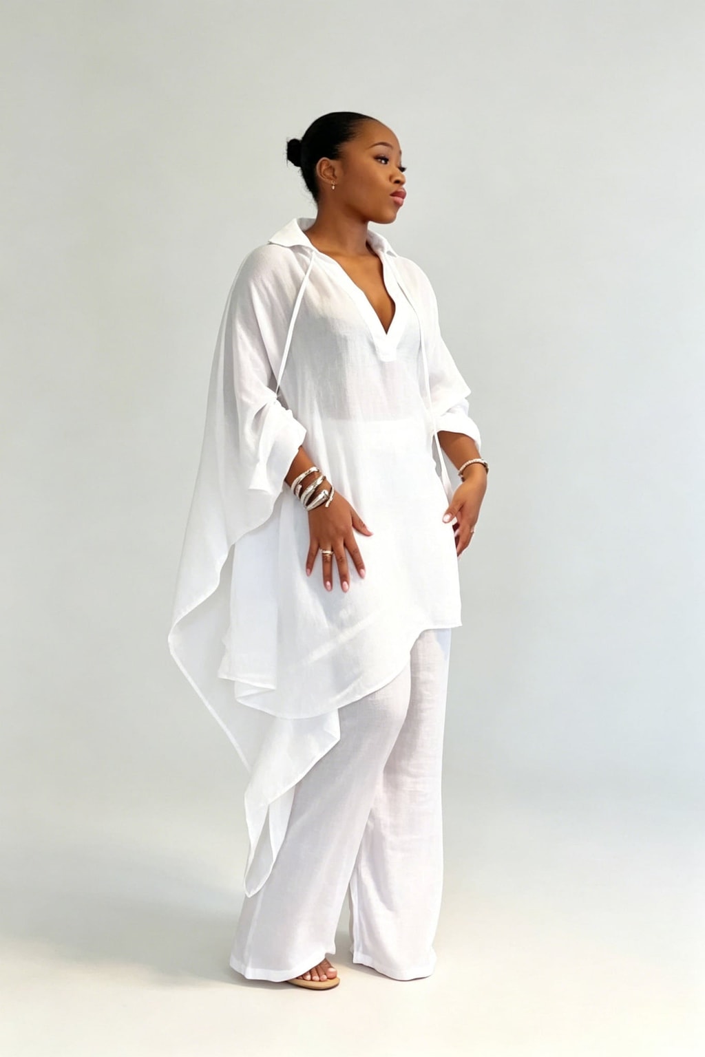 White Oversized Tunic & Wide-Leg Pants Set - 5