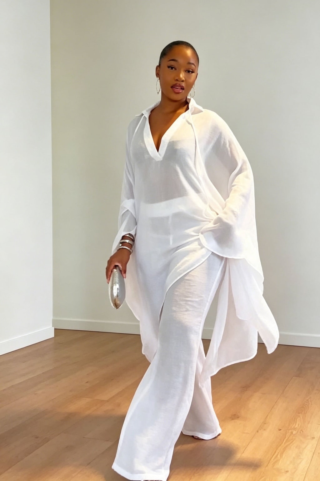 White Oversized Tunic & Wide-Leg Pants Set - 7