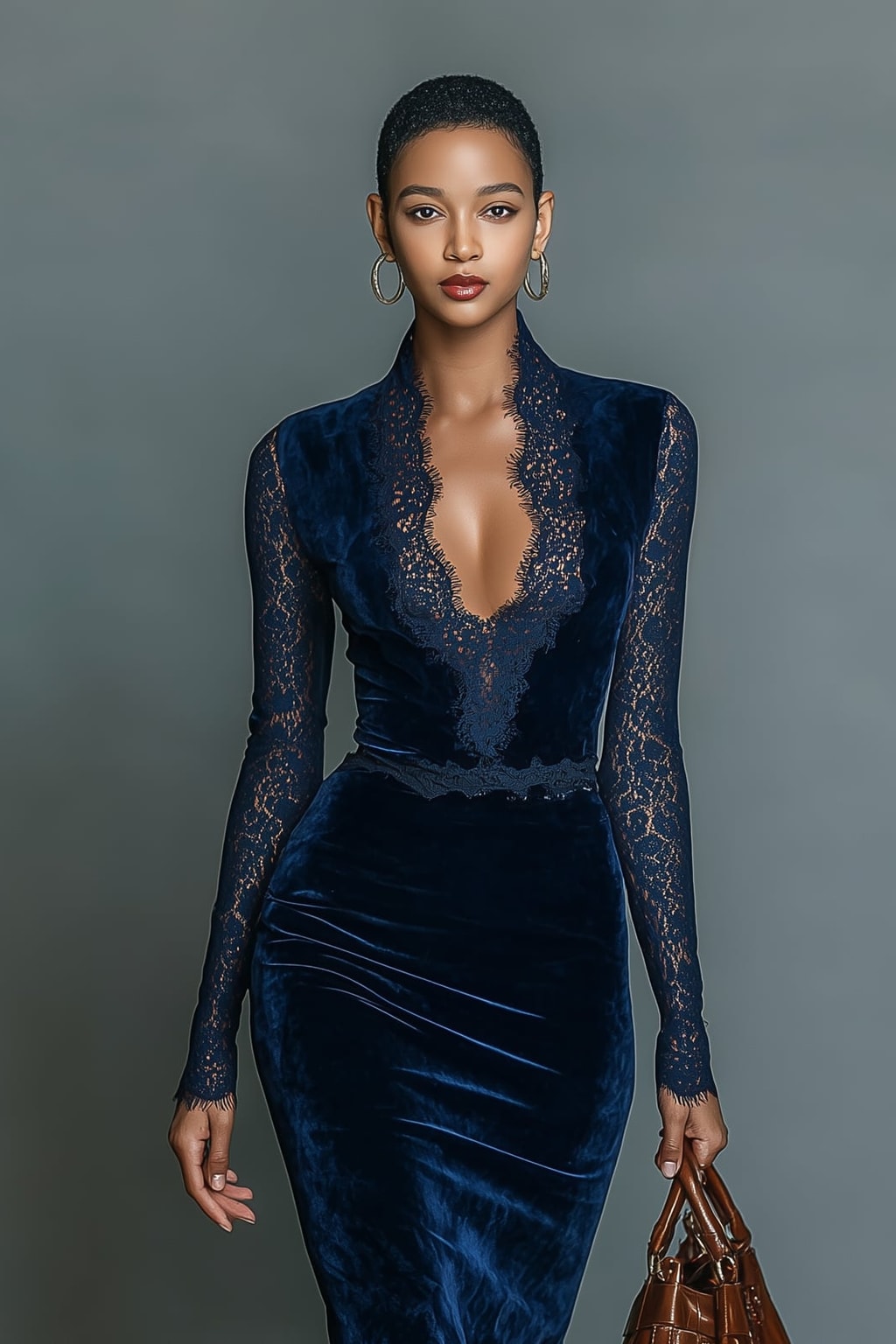 Dark Blue Velvet Midi Dress With Lace V-Neck - 3
