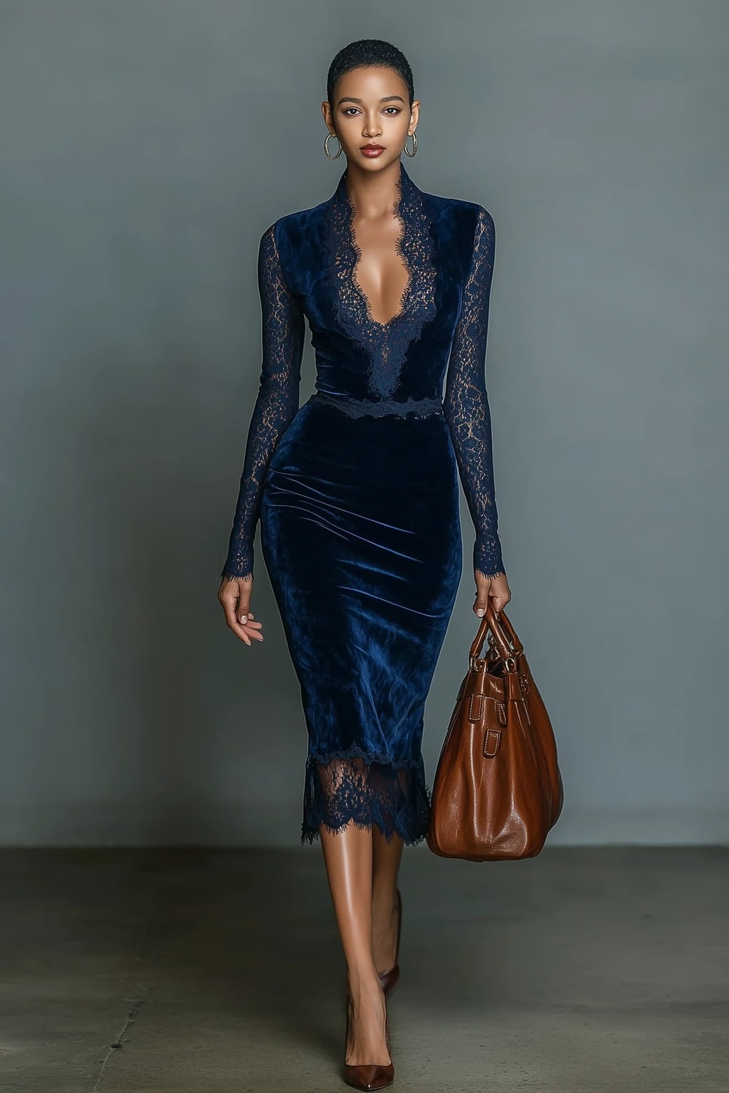 Dark Blue Velvet Midi Dress With Lace V-Neck - 4