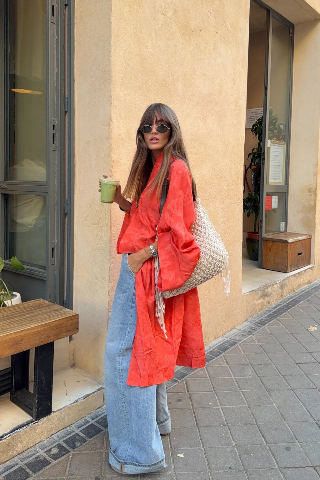 Orange Jacquard Kimono Cardigan with Draped Sleeves - 3