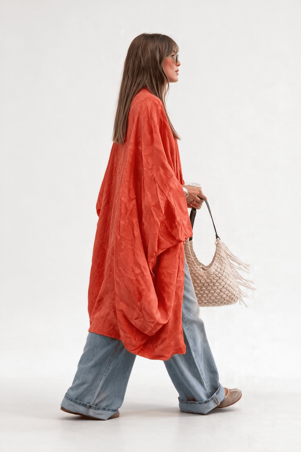 Orange Jacquard Kimono Cardigan with Draped Sleeves - 4